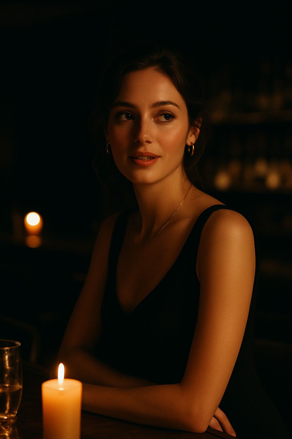A captivated glance across a candlelit bar